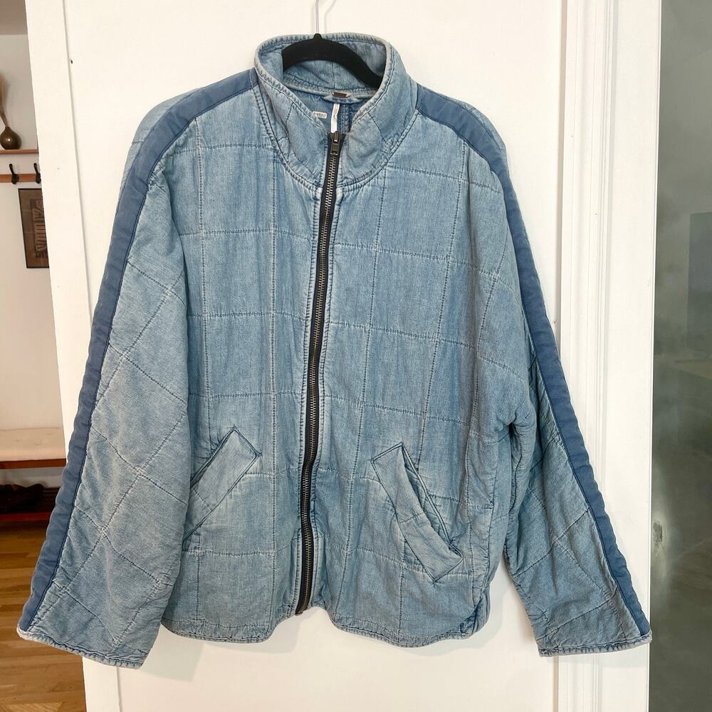 Free People Dolman Quilted Knit Jacket Oversized Coat sz S Denim Chambray Cotton - Picture 2 of 16